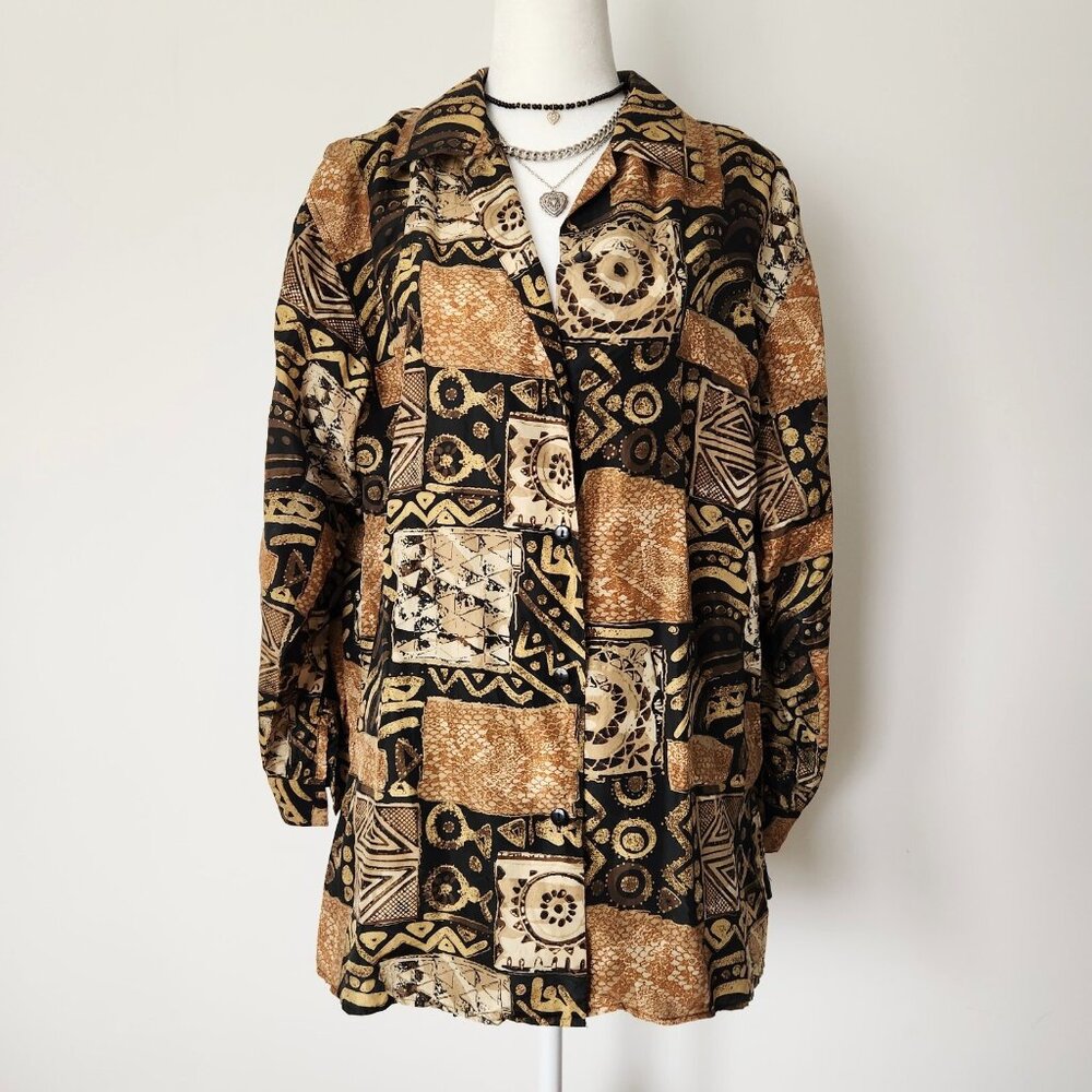 Vintage Gold Silk Blouse Medium Tribal Print Funky Multi Silk Ncounters 80s 90s‎